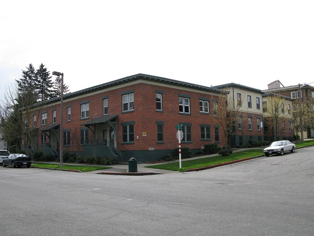 A brick apartment building in Tacoma's Hilltop neighborhood